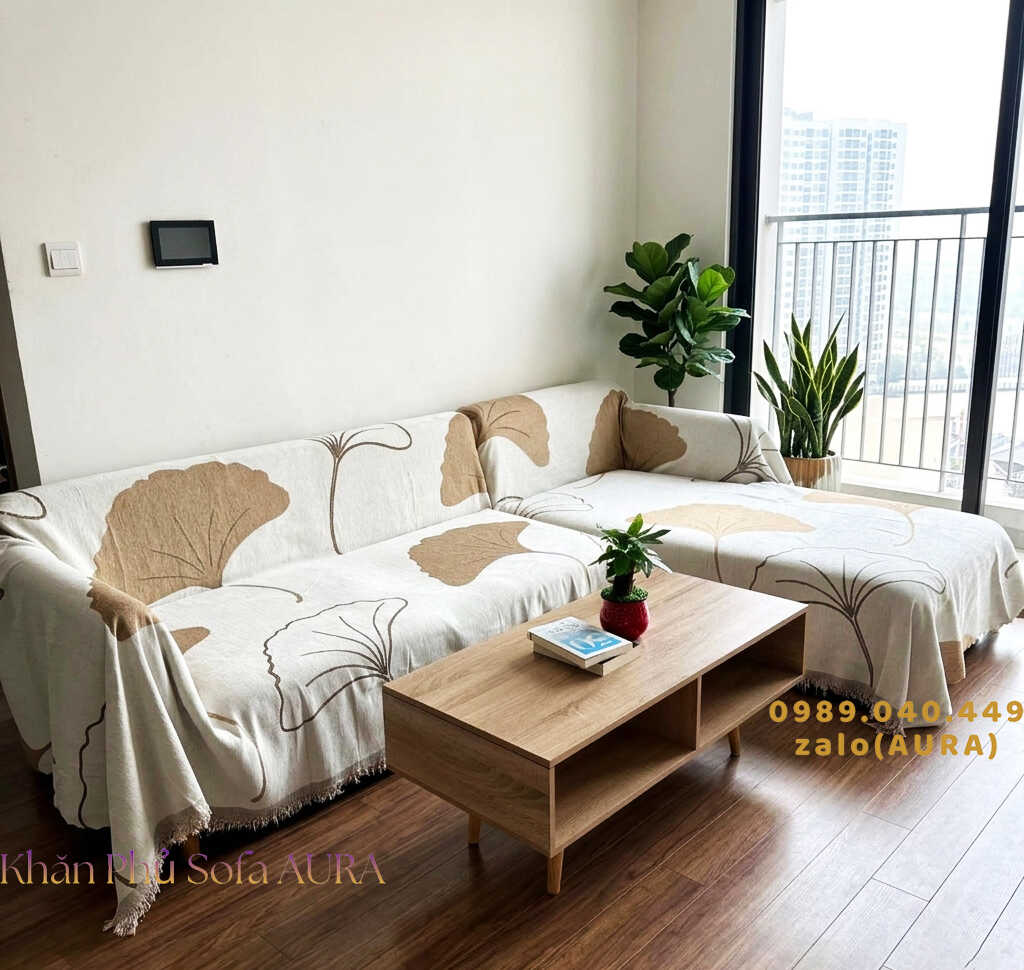 Khăn Phủ Sofa Mẫu Lá Sang Trọng khăn trải sofa góc lá kem nâu