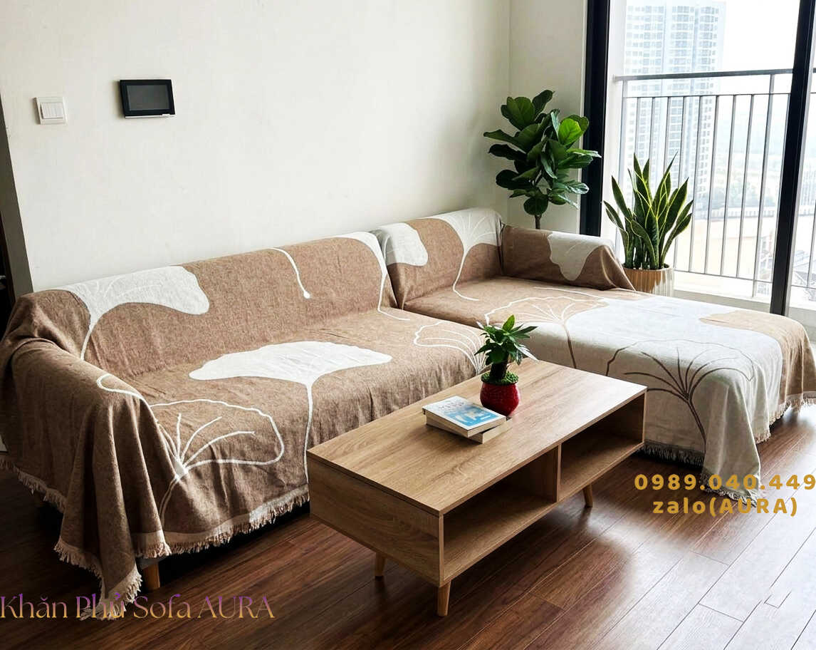 Khăn Phủ Sofa Mẫu Lá Sang Trọng khăn trải sofa góc lá nâu