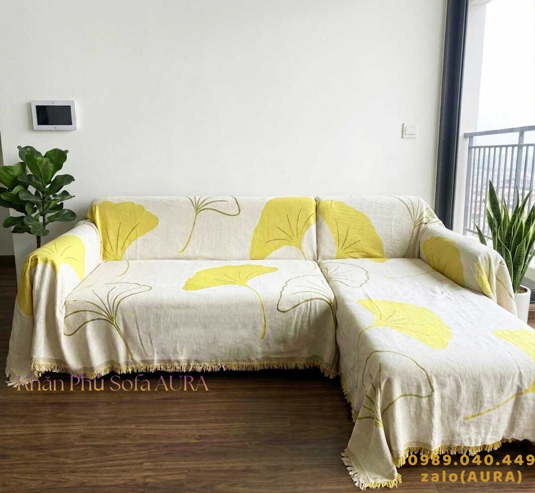 khăn trải sofa góc lá vàng đẹp