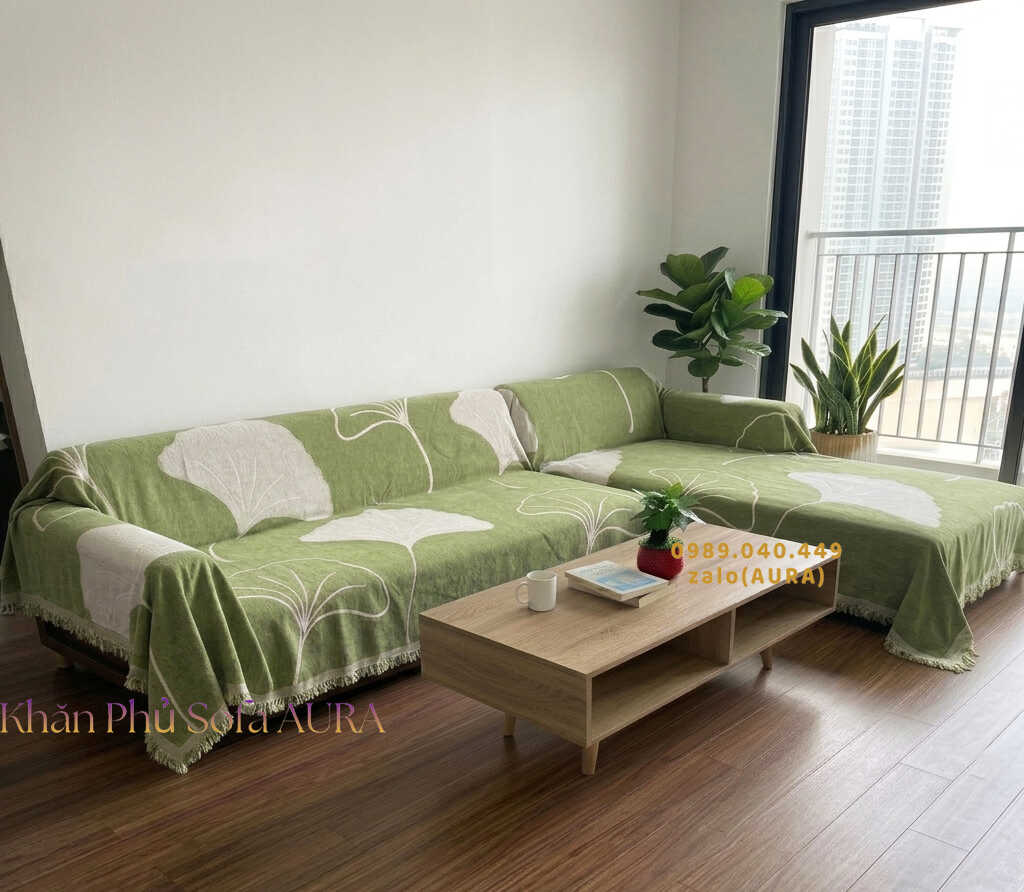 Khăn Phủ Sofa Mẫu Lá Sang Trọng khăn trải sofa góc lá xanh cốm