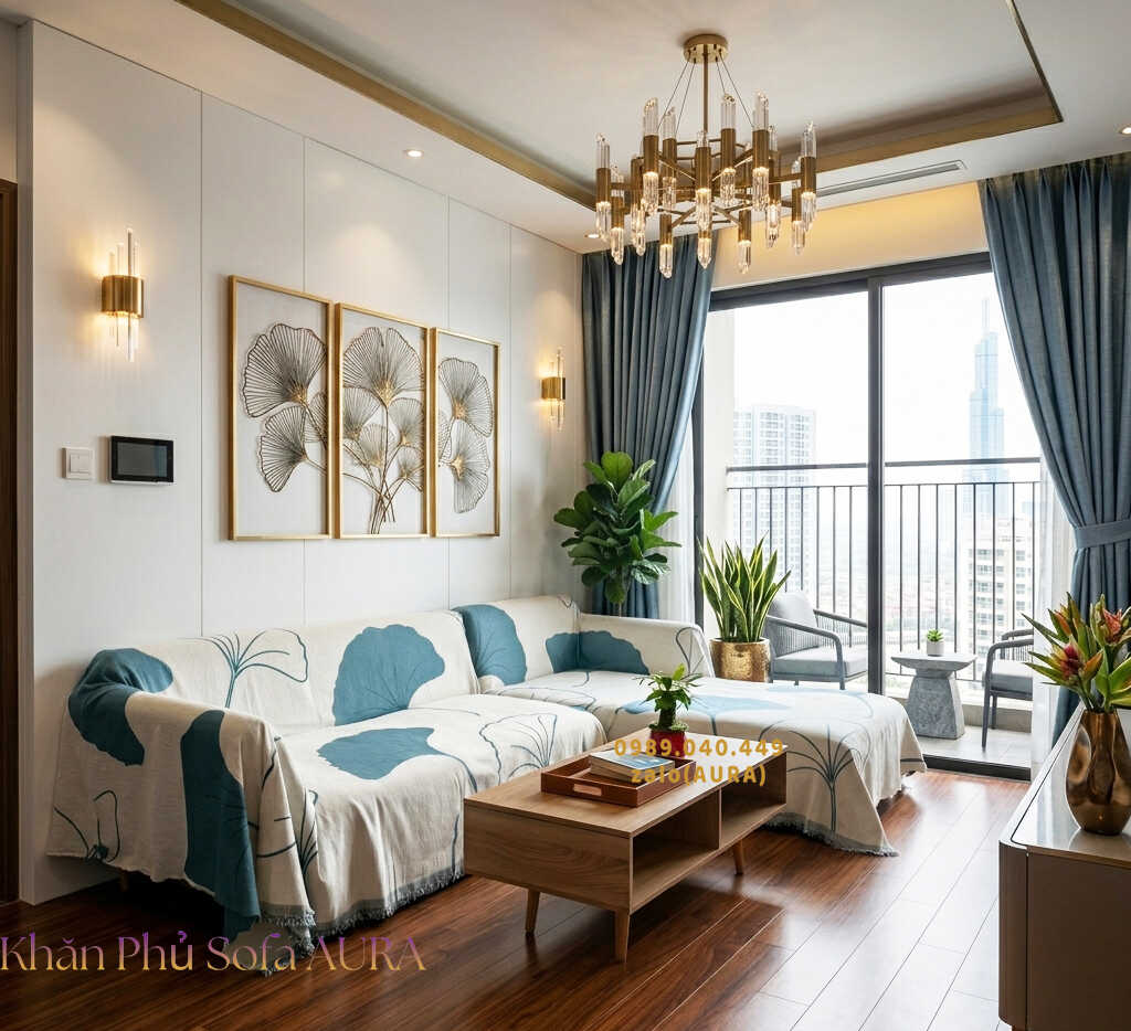 Khăn Trải Sofa Chữ L Cao Cấp khăn trải sofa góc lá xanh dương
