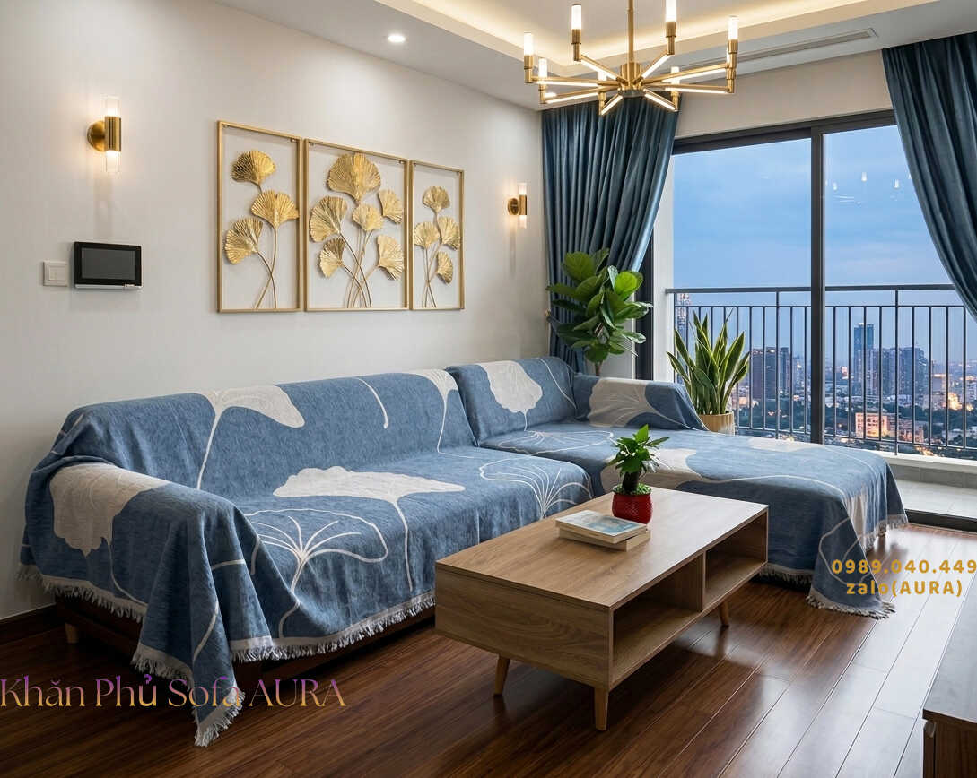 Khăn Trải Sofa Chữ L Cao Cấp khăn trải sofa góc lá xanh kem