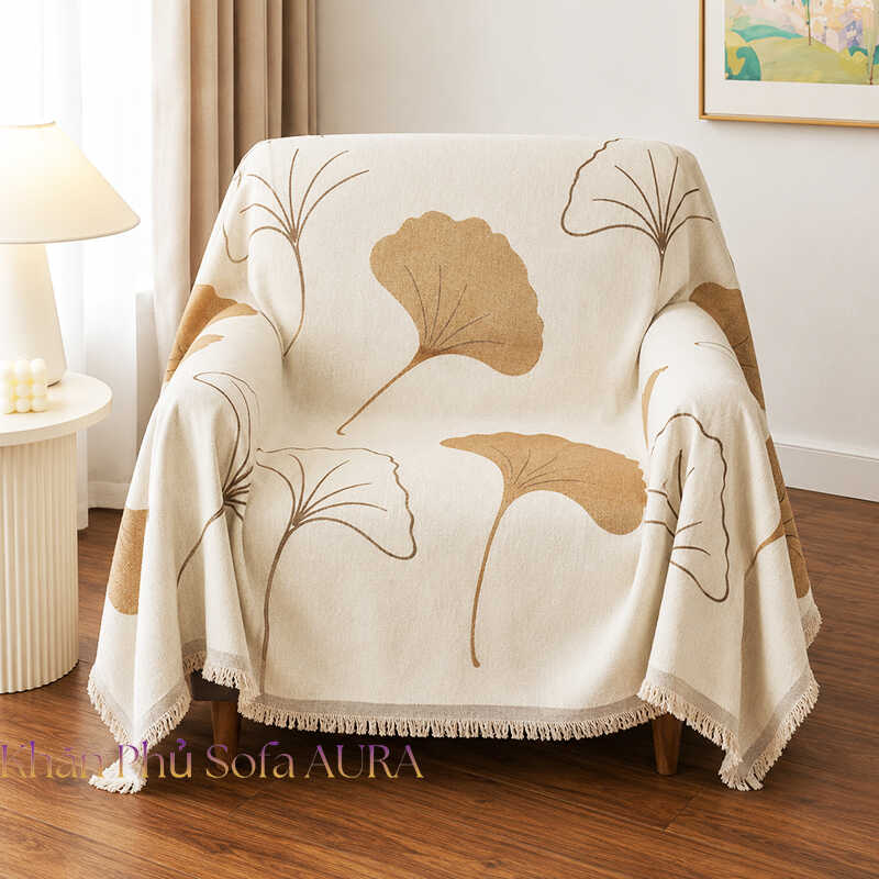 khăn phủ sofa đơn lá nâu kem