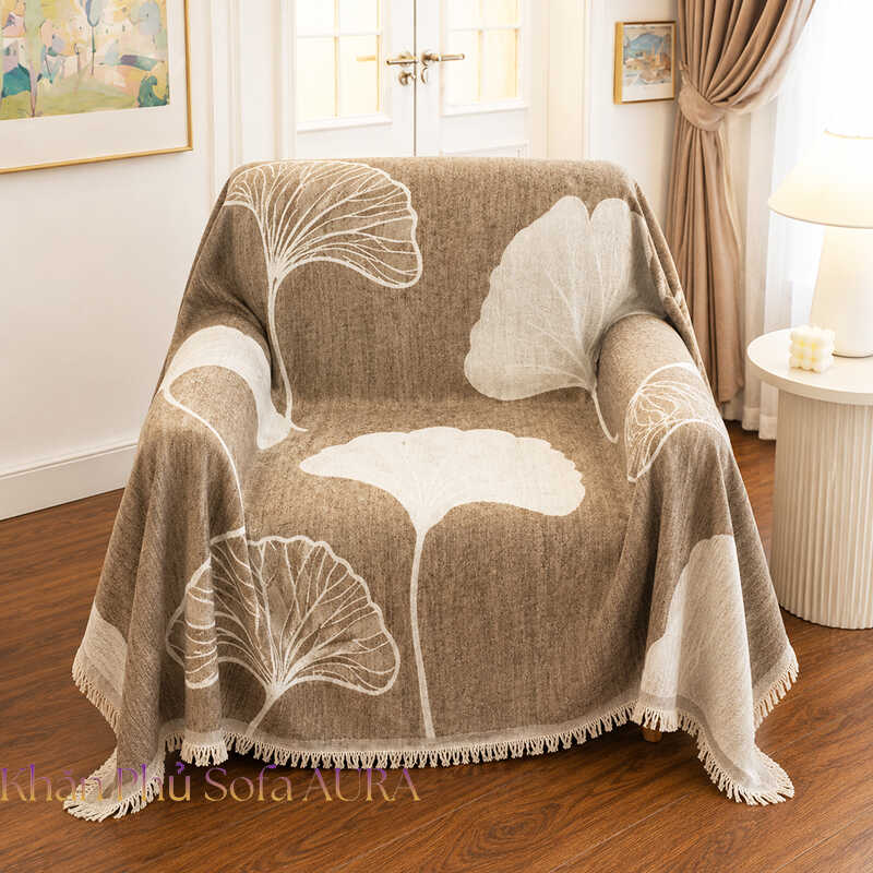 khăn phủ sofa đơn lá nâu nhạt