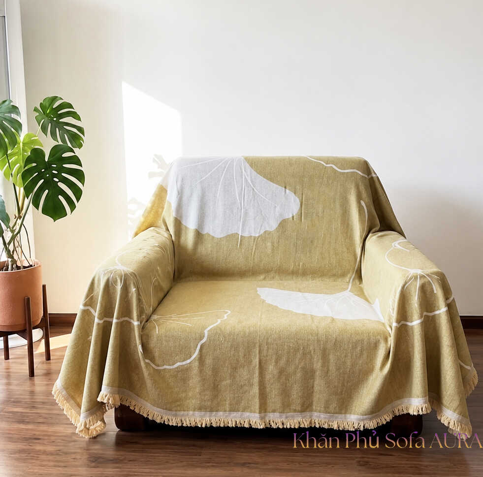khăn phủ sofa đơn lá vàng kem
