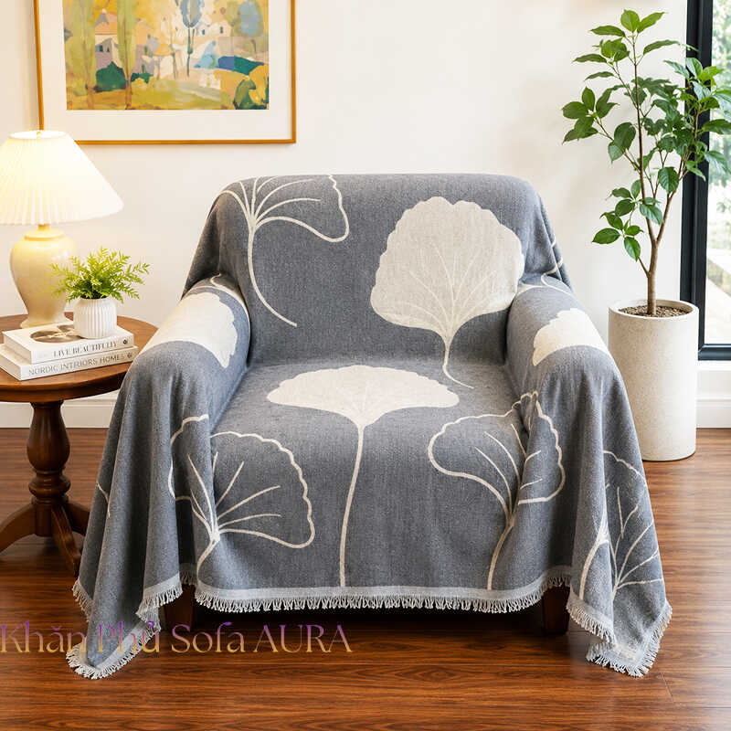 khăn phủ sofa đơn lá xám khăn phủ sofa đơn lá xám