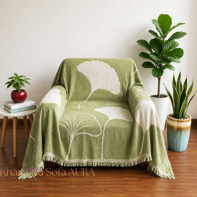 khăn phủ sofa đơn lá xanh cốm