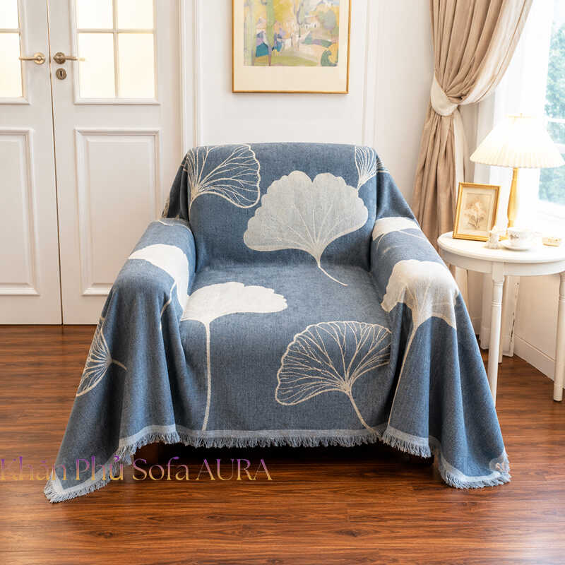 khăn phủ sofa đơn lá xanh ghi khăn phủ sofa đơn lá xanh ghi