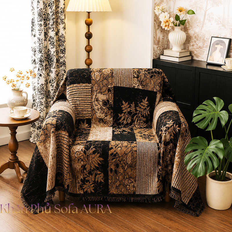 khăn phủ sofa đơn nâu đen