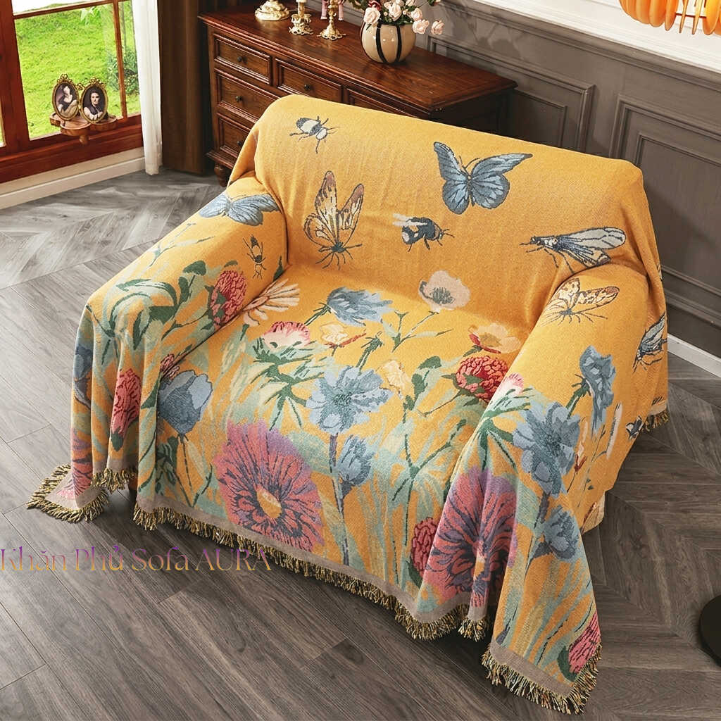 khăn sofa đơn cánh đồng hoa vàng khăn sofa đơn cánh đồng hoa vàng