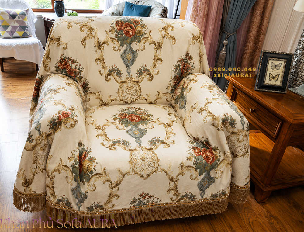 khăn sofa đơn mẫu châu âu trắng kem sang trọng