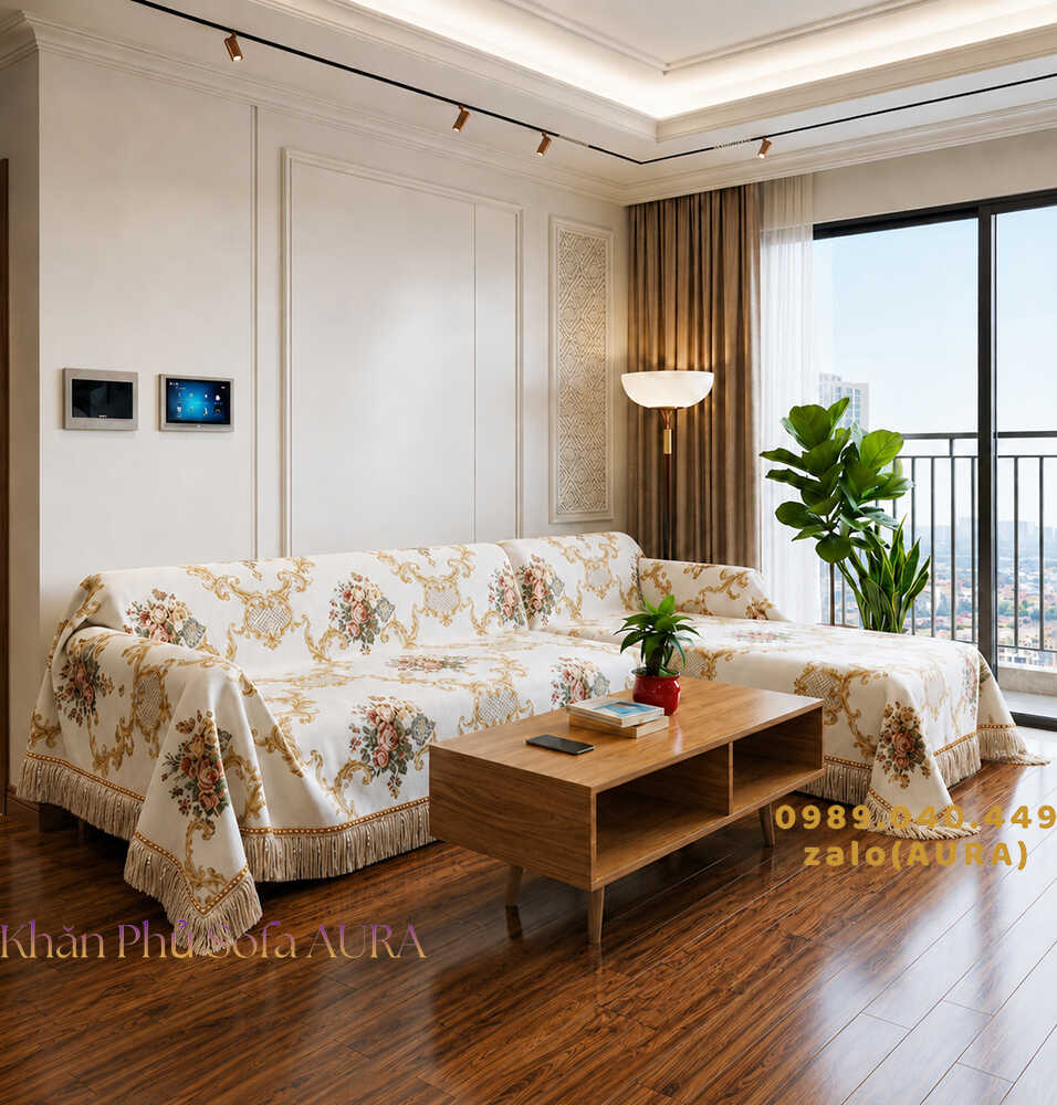 khăn sofa góc mẫu châu âu trắng kem sang trọng