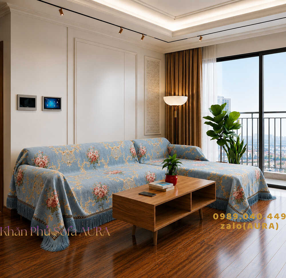 khăn sofa góc mẫu châu âu xanh sang trọng