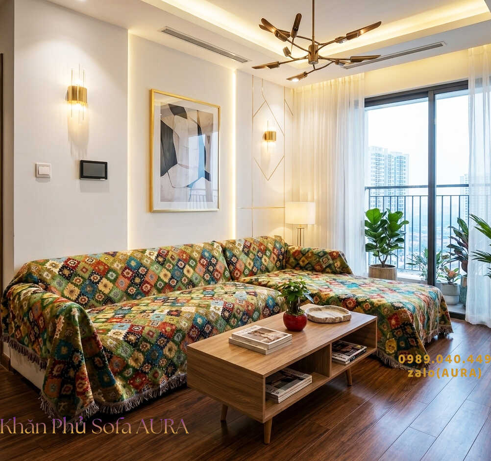khăn sofa góc mẫu đa sắc xanh