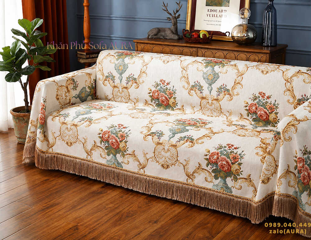 khăn sofa mẫu châu âu trắng kem sang trọng