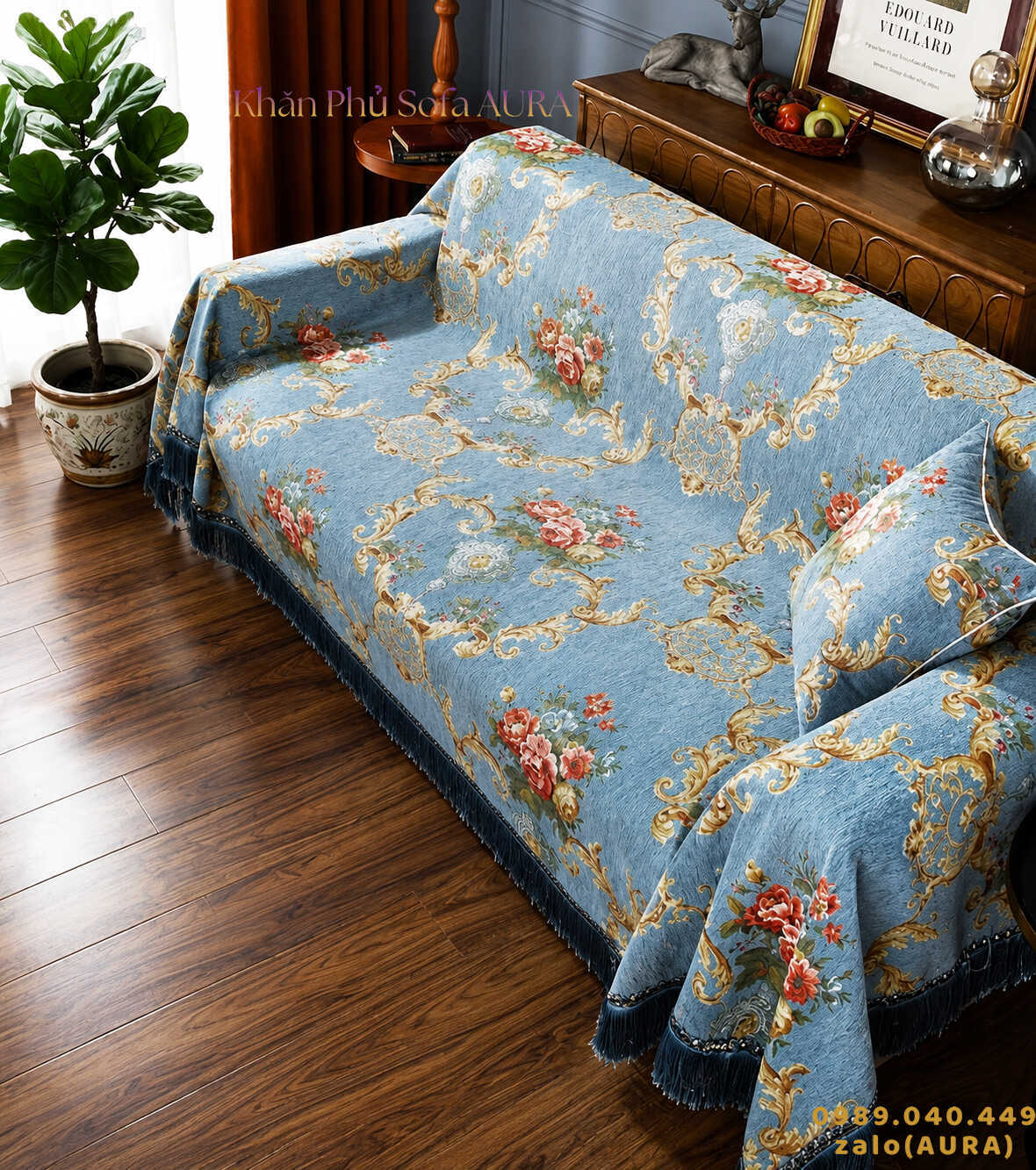 khăn sofa mẫu châu âu xanh sang trọng