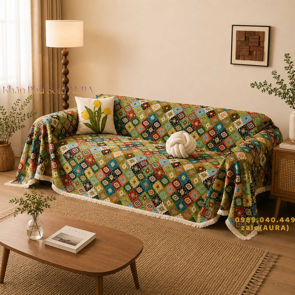khăn sofa mẫu đa sắc xanh