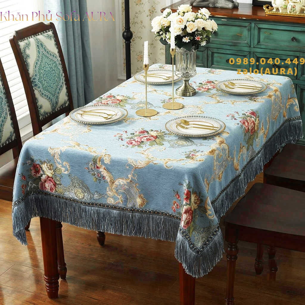 khăn trải bàn mẫu châu âu xanh sang trọng