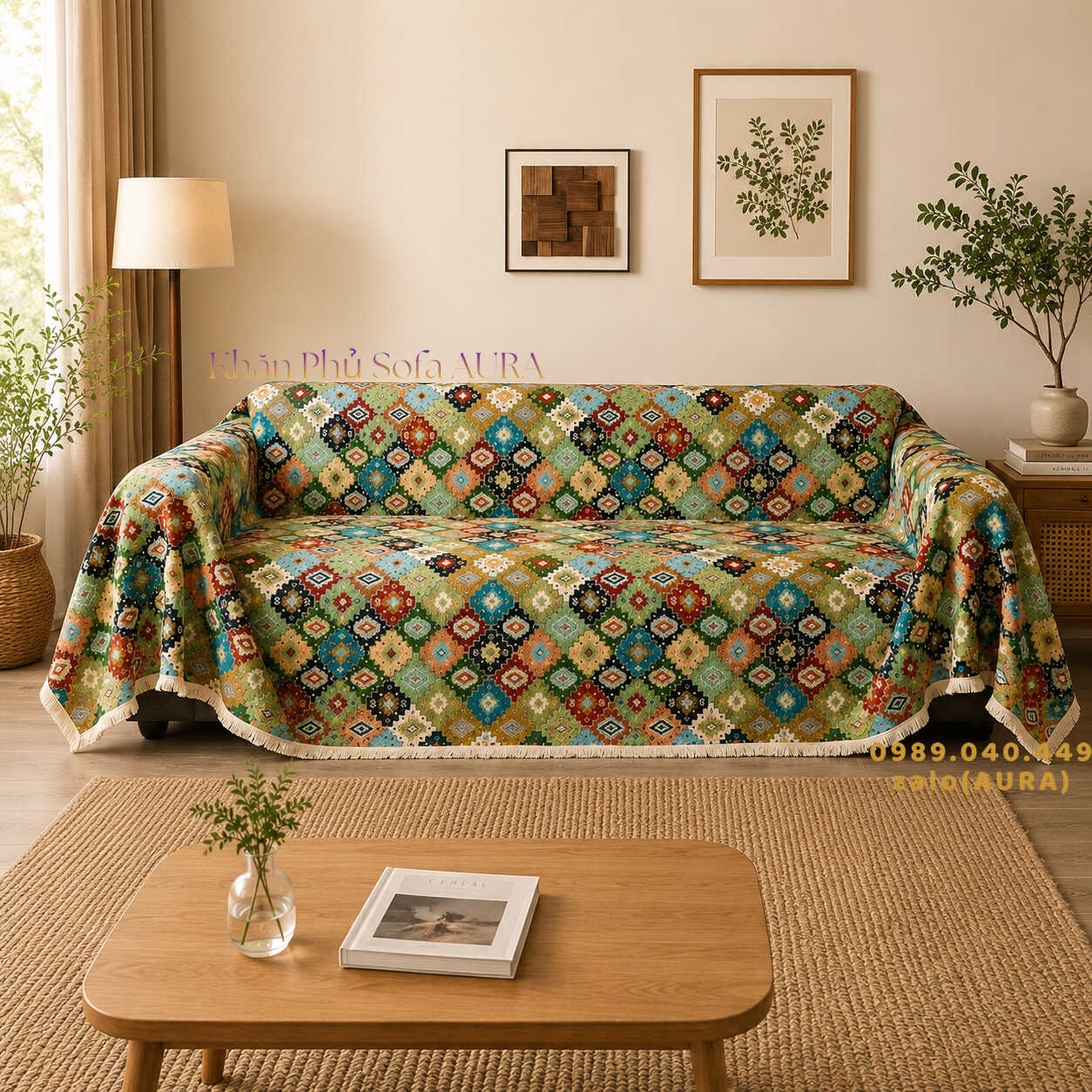 khăn trải ghế sofa mẫu đa sắc xanh