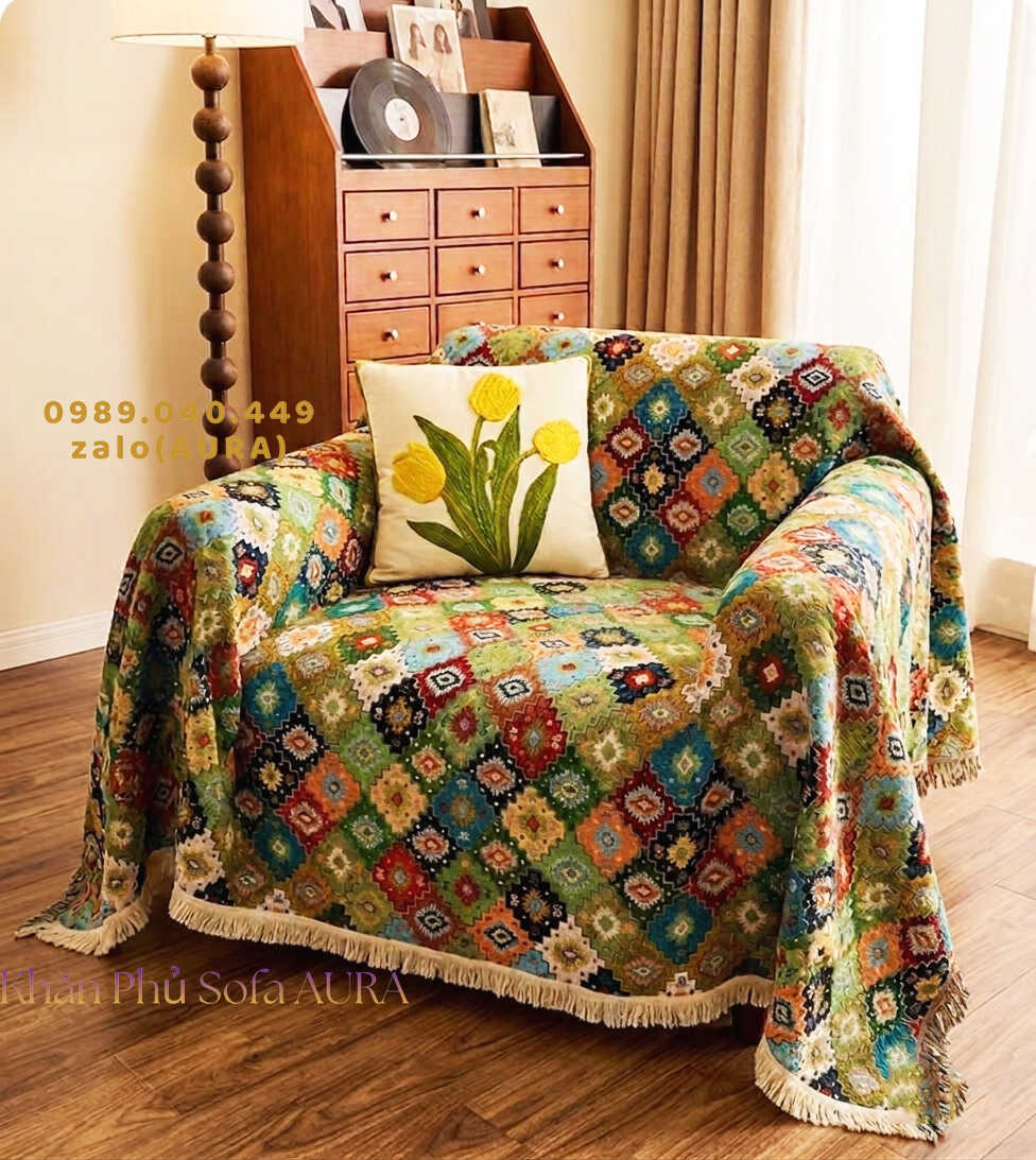 khăn trải sofa đơn mẫu đa sắc xanh