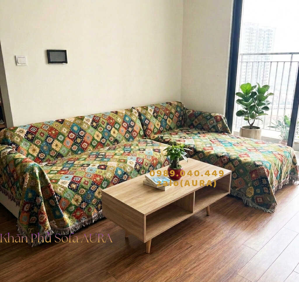 khăn trải sofa góc mẫu đa sắc xanh
