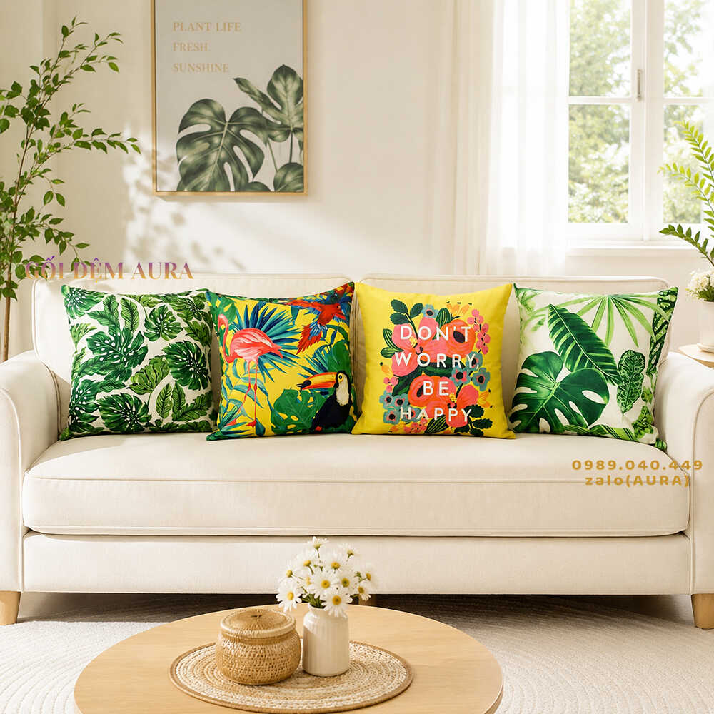 gối tựa lưng sofa lá xanh vàng