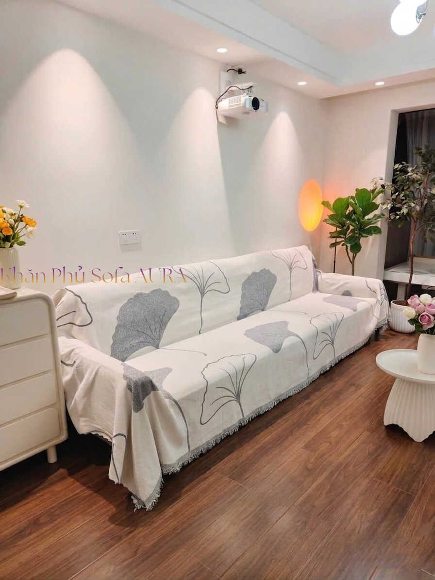 khăn trải sofa lá xám kem
