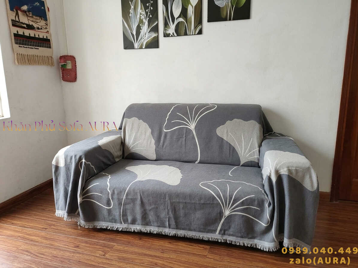 khăn trải sofa lá xám đẹp