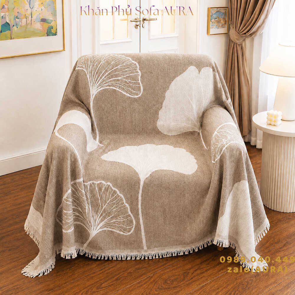 khăn phủ sofa đơn lá bạch quả nâu nhạt khăn phủ sofa đơn lá bạch quả nâu nhạt