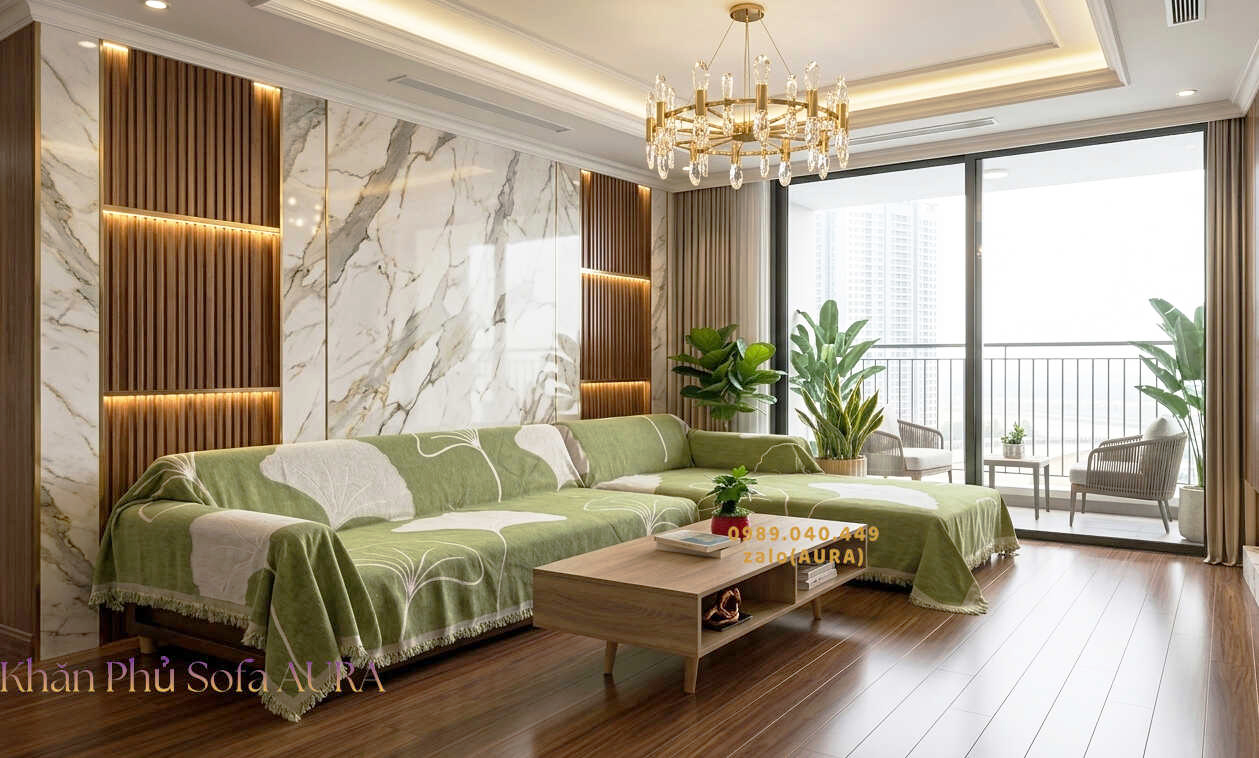 khăn phủ sofa góc lá xanh cốm