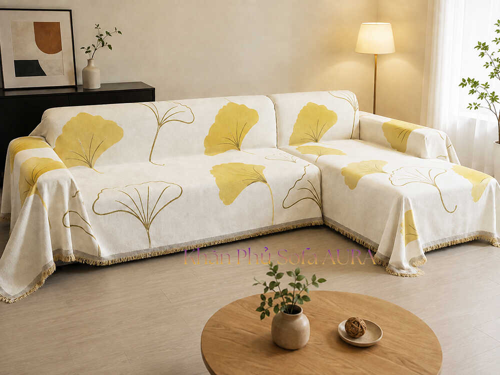 khăn trải sofa góc lá vàng đẹp