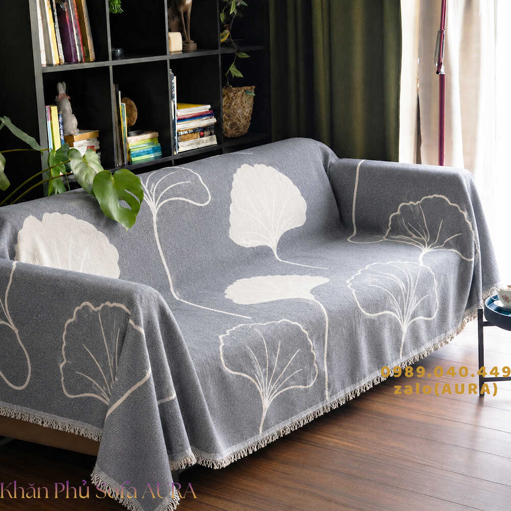 khăn sofa lá xám kem