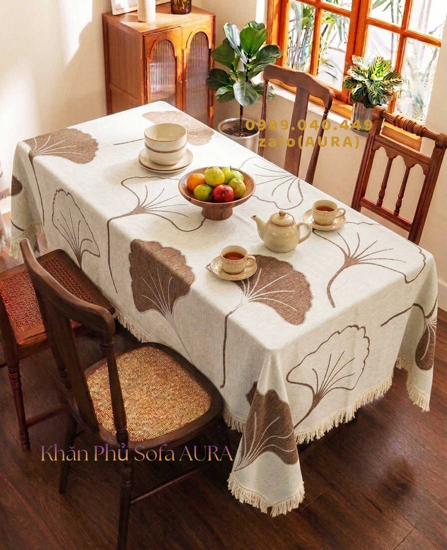 khăn trải bàn lá nâu kem