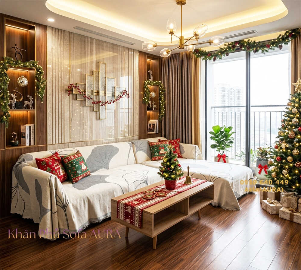 khăn phủ sofa góc lá xám kem giáng sinh khăn phủ sofa góc lá xám kem giáng sinh