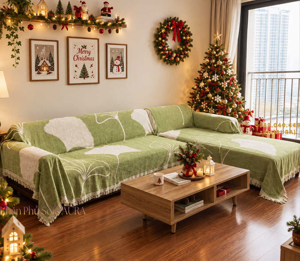 khăn phủ sofa góc lá xanh cốm giáng sinh