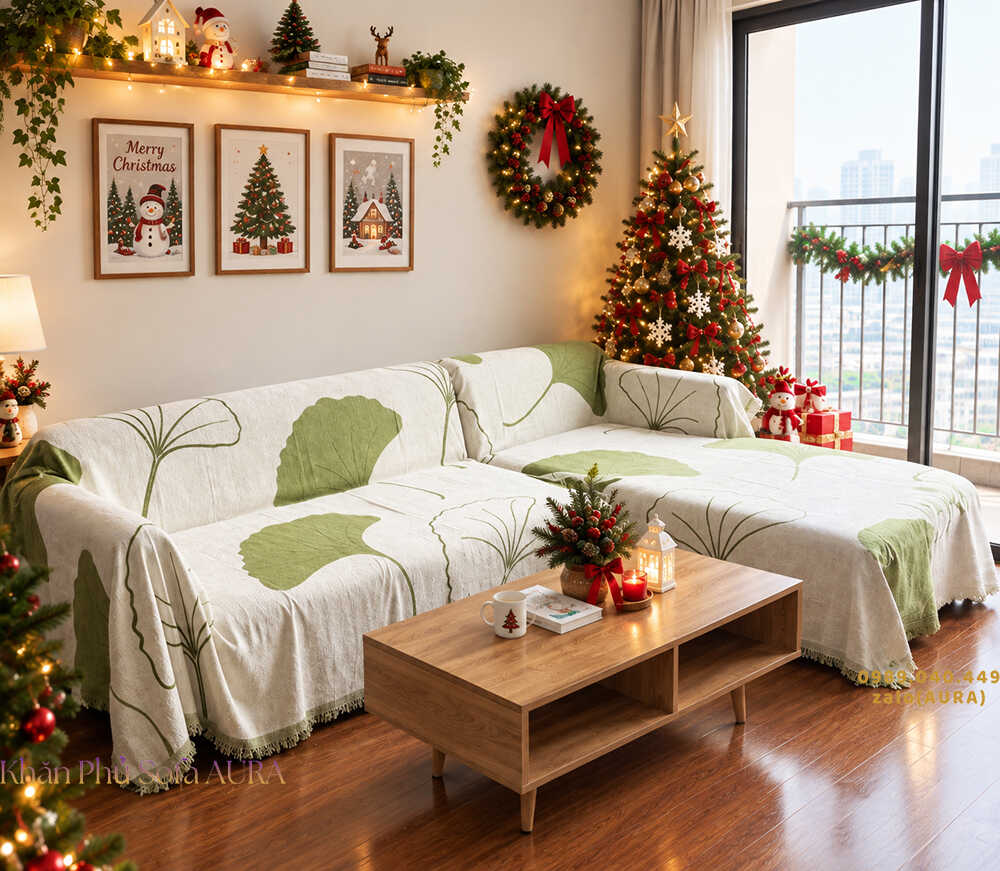 khăn phủ sofa góc lá xanh giáng sinh