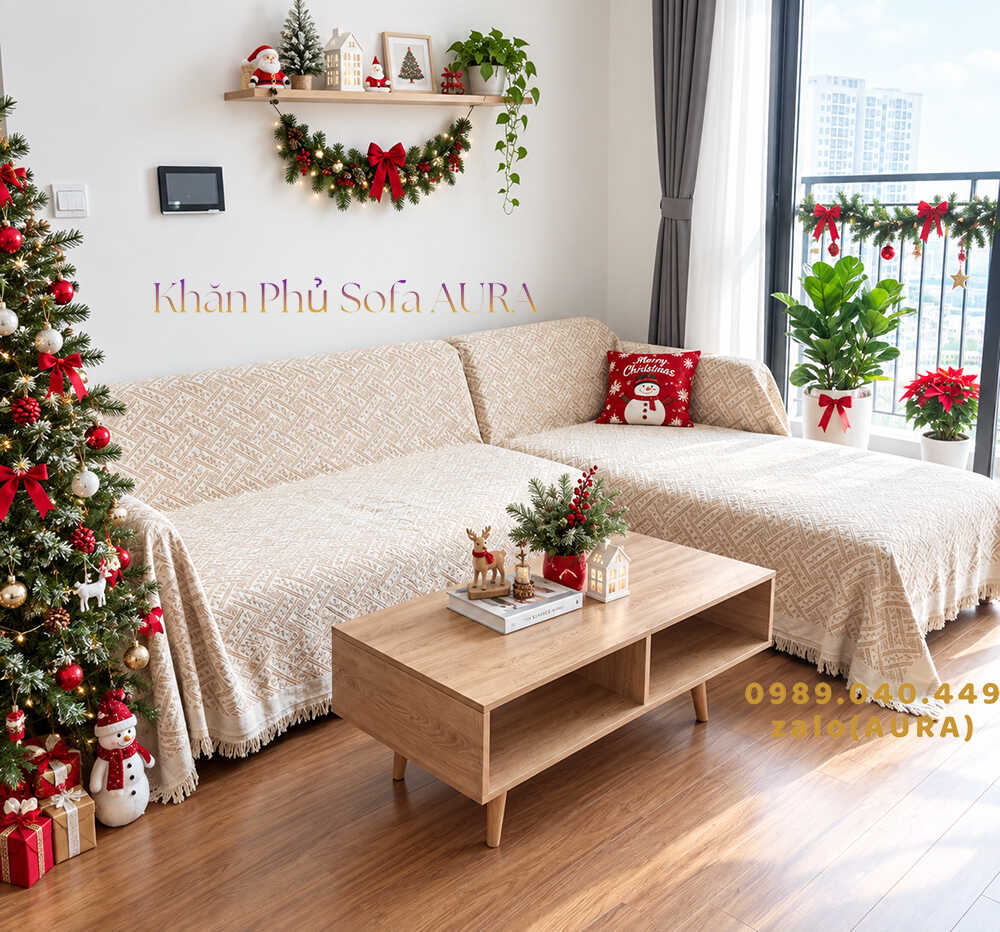 khăn sofa góc màu kem giáng sinh