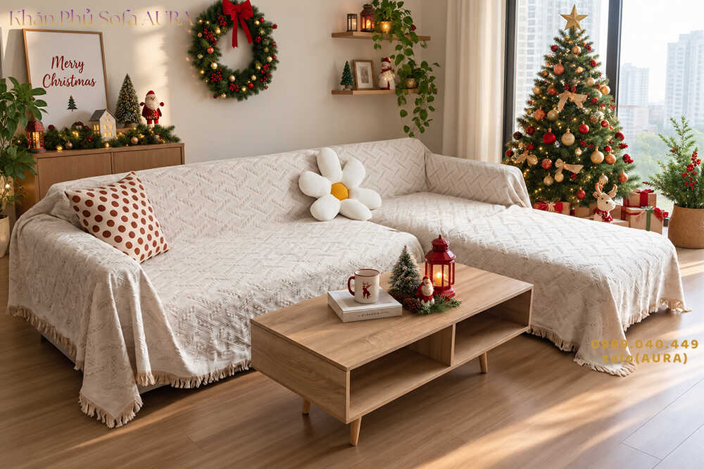 khăn sofa góc màu kem nhạt giáng sinh