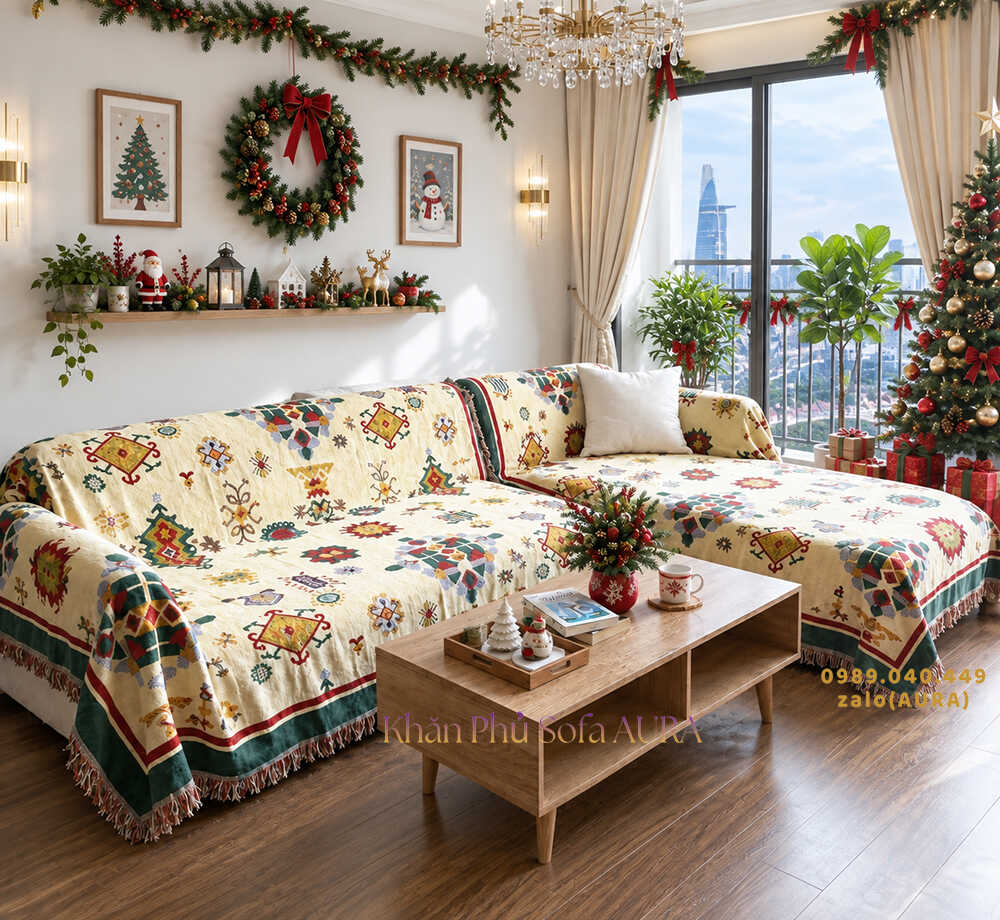 khăn sofa góc màu vàng đỏ giáng sinh khăn sofa góc màu vàng đỏ giáng sinh