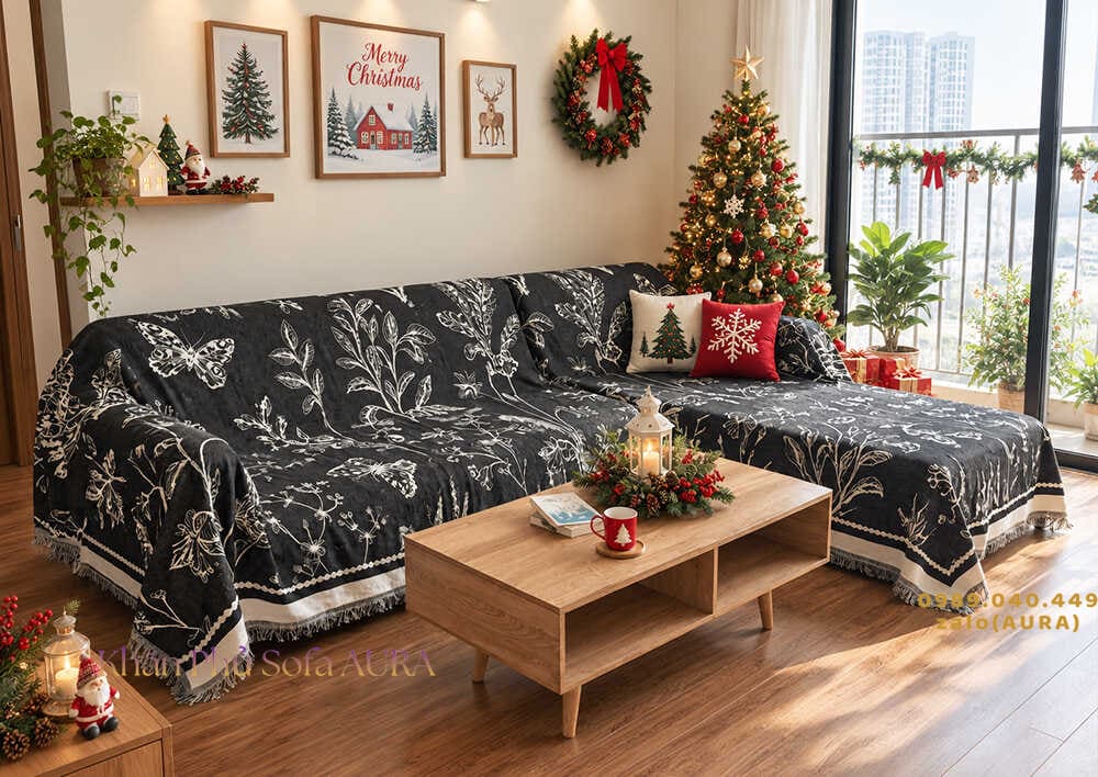 khăn sofa góc trắng đen giáng sinh