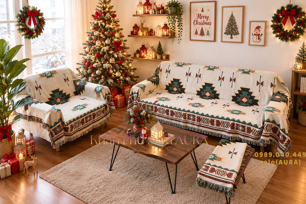 khăn sofa hoa văn xanh giáng sinh
