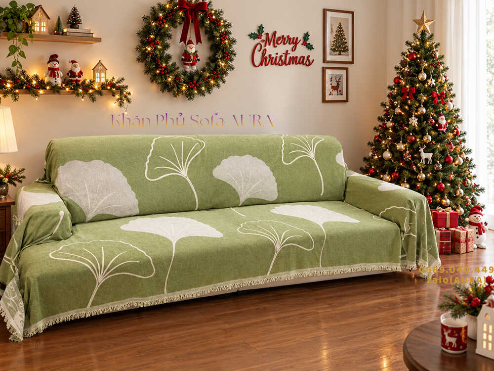 khăn sofa lá xanh cốm giáng sinh