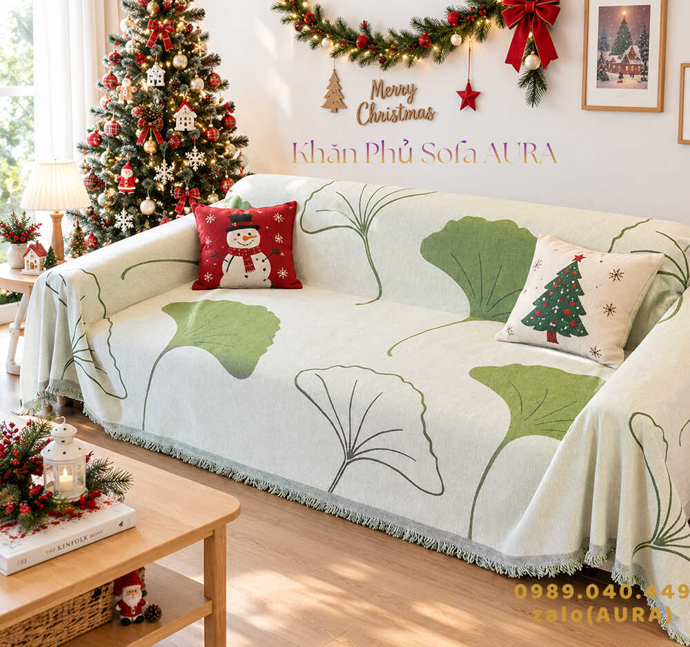 khăn sofa lá xanh giáng sinh