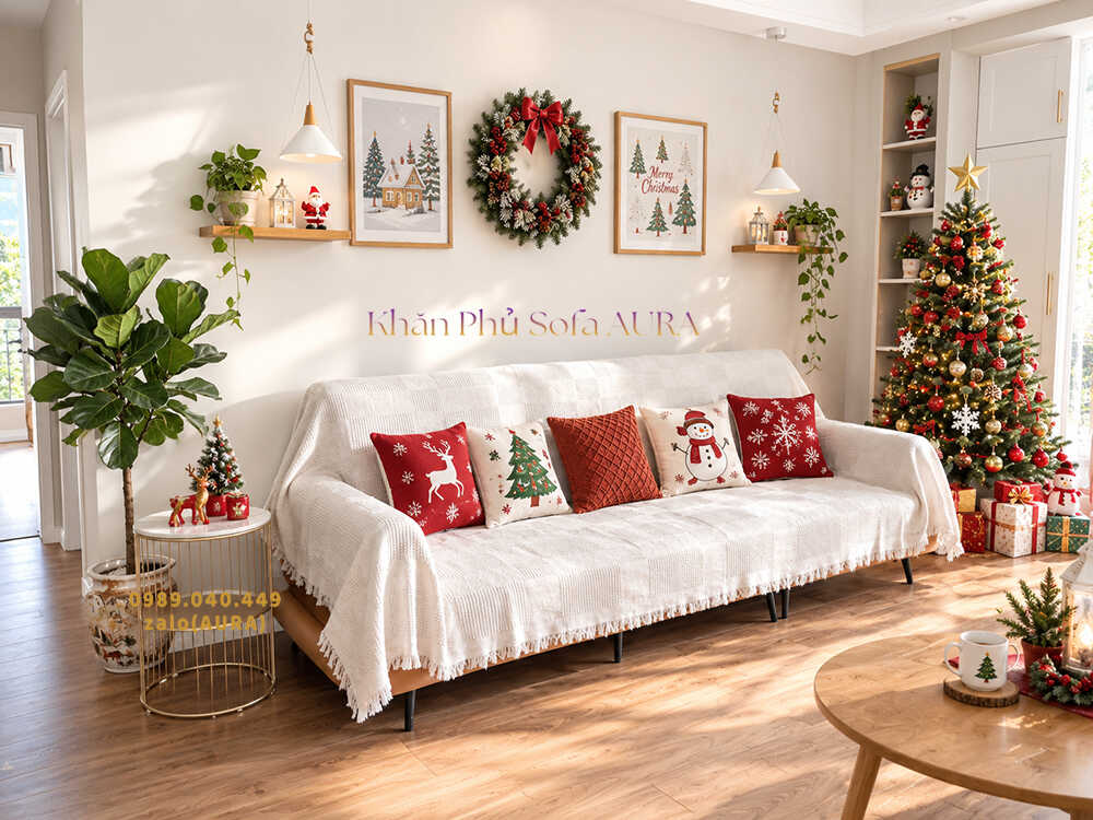 khăn sofa màu trắng giáng sinh