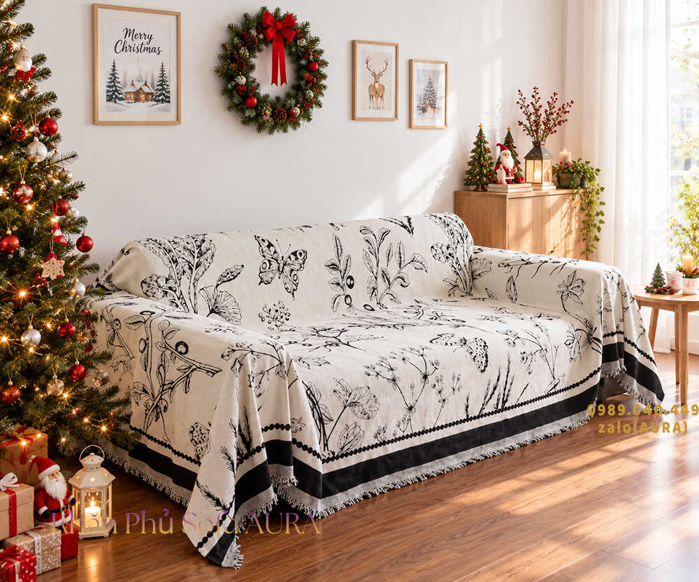 khăn sofa thiên nhiên trắng đen giáng sinh
