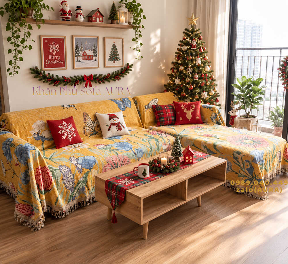 khăn trải sofa góc cánh đồng vàng giáng sinh