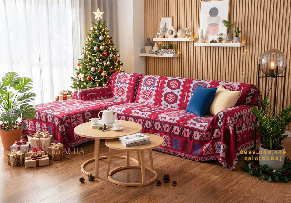 khăn trải sofa góc màu đỏ trắng giáng sinh khăn trải sofa góc màu đỏ trắng giáng sinh