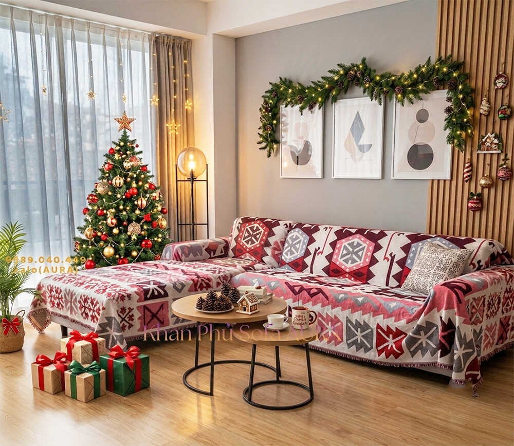 khăn trải sofa góc màu trắng đỏ giáng sinh
