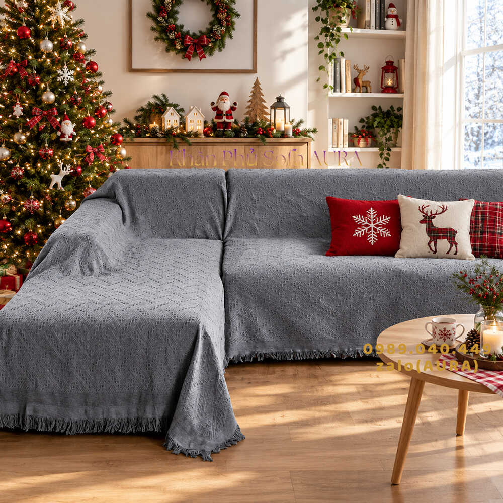 khăn trải sofa góc màu xám giáng sinh