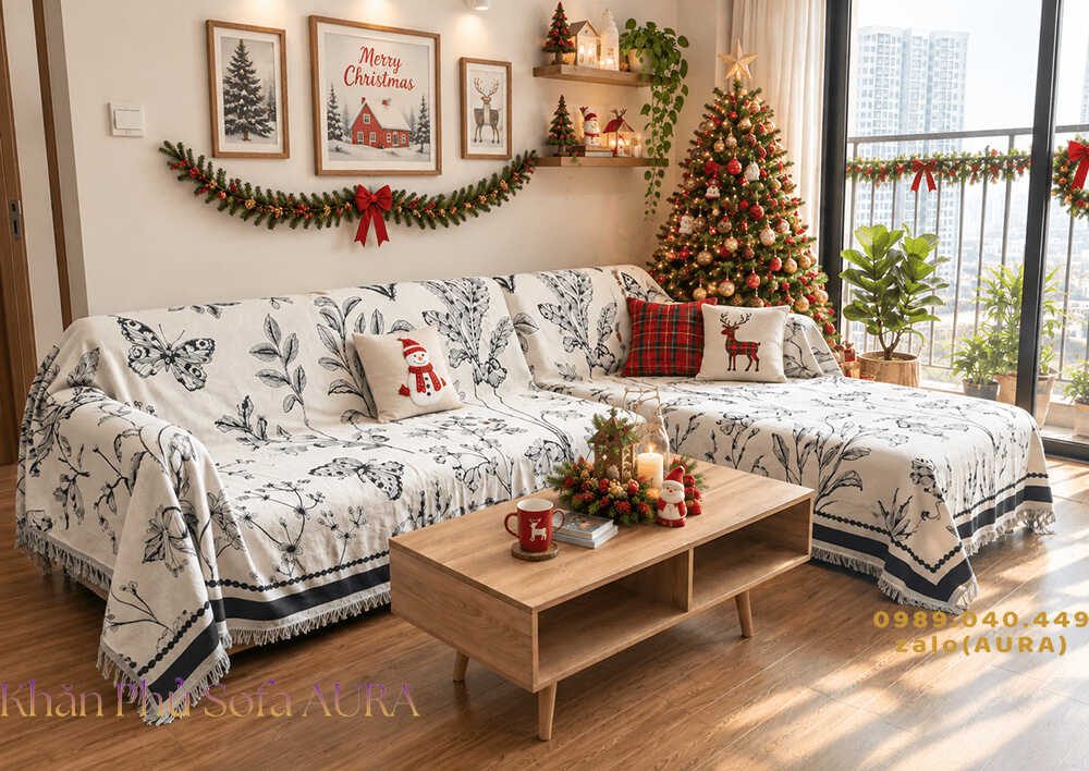 khăn trải sofa góc trắng đen giáng sinh